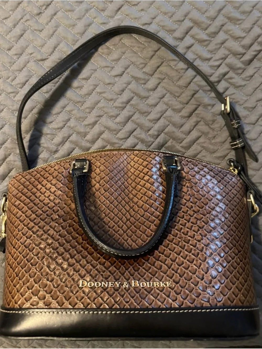 Dooney & Bourke Brown Embossed Satchel with Black Trim